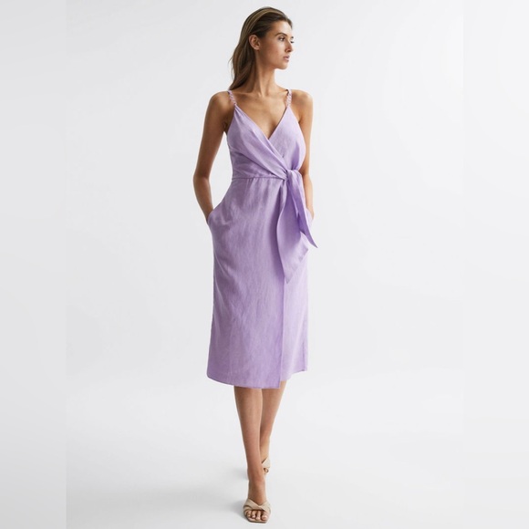 Reiss Esme Linen Side Tie Midi Dress in Lilac - Picture 7 of 16
